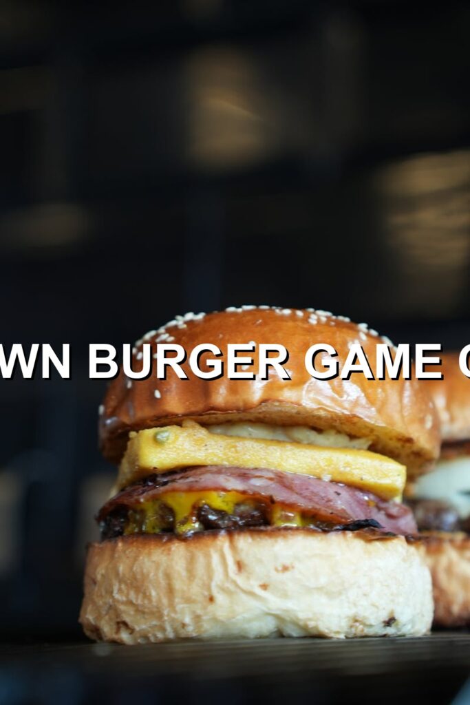 Gourmet burger stacked high with succulent beef patties, crispy bacon, melted cheese, and a perfectly fried egg, served on a soft bun in a cozy café setting.